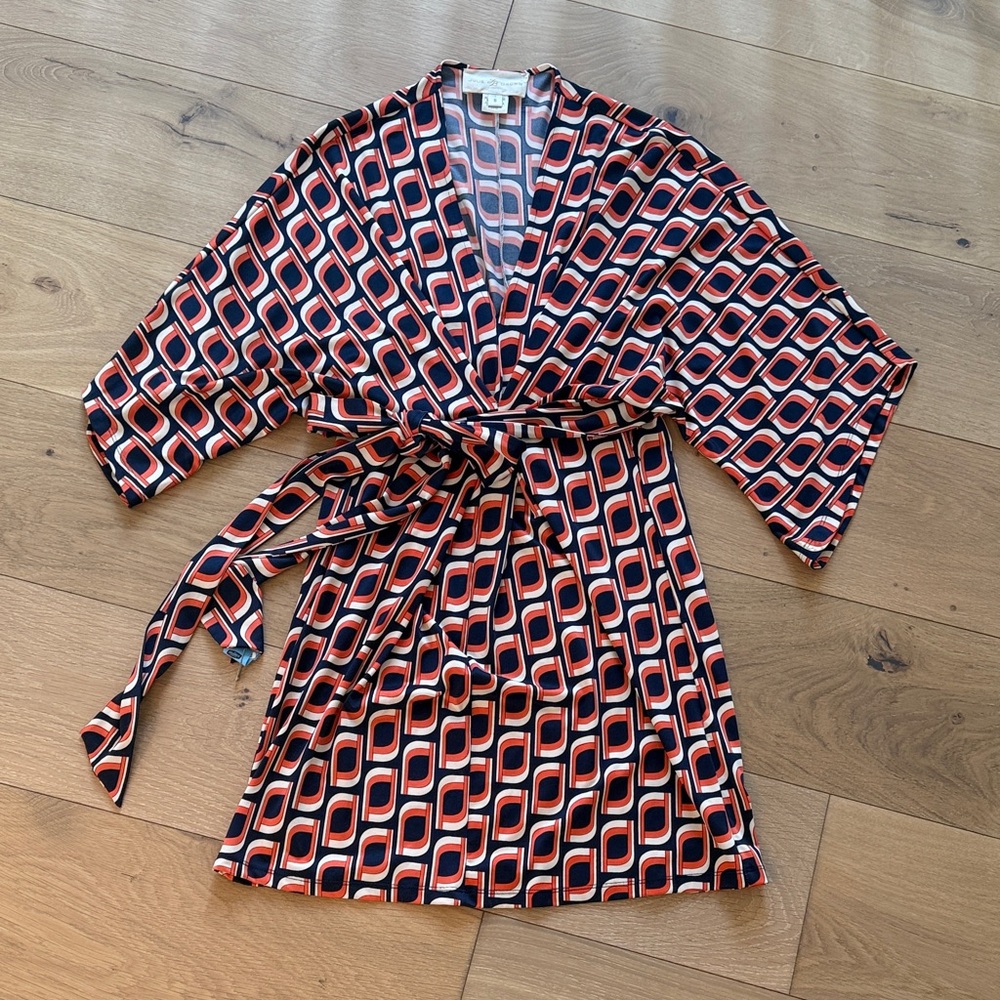 JB by Julie Brown Navy and Coral Geometric Long Sleeve Dress